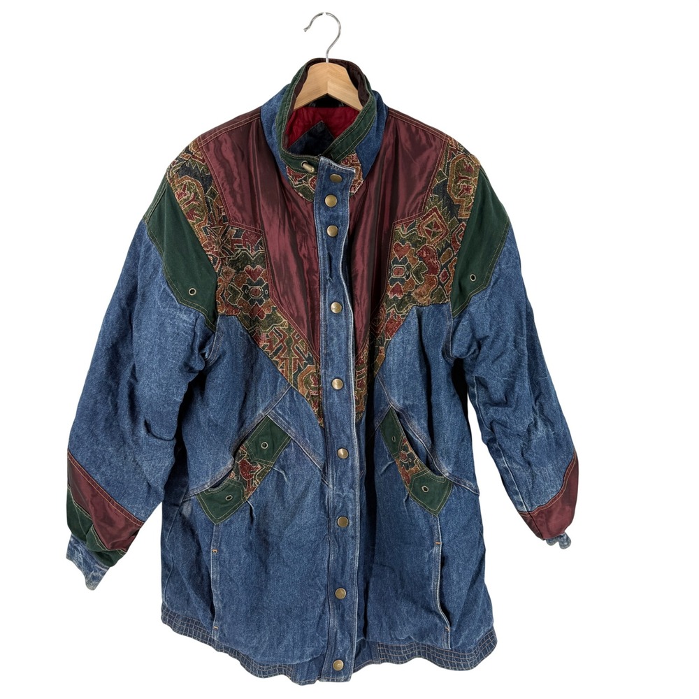 Two Twenty Denim Jacket Blue XL Vintage Mixed Media Tapestry Iridescent